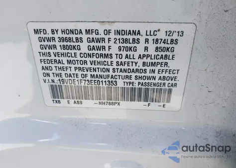 2014 Acura Ilx 2.0L z USA, uszkodzony, nr VIN 19VDE1F73EE011353